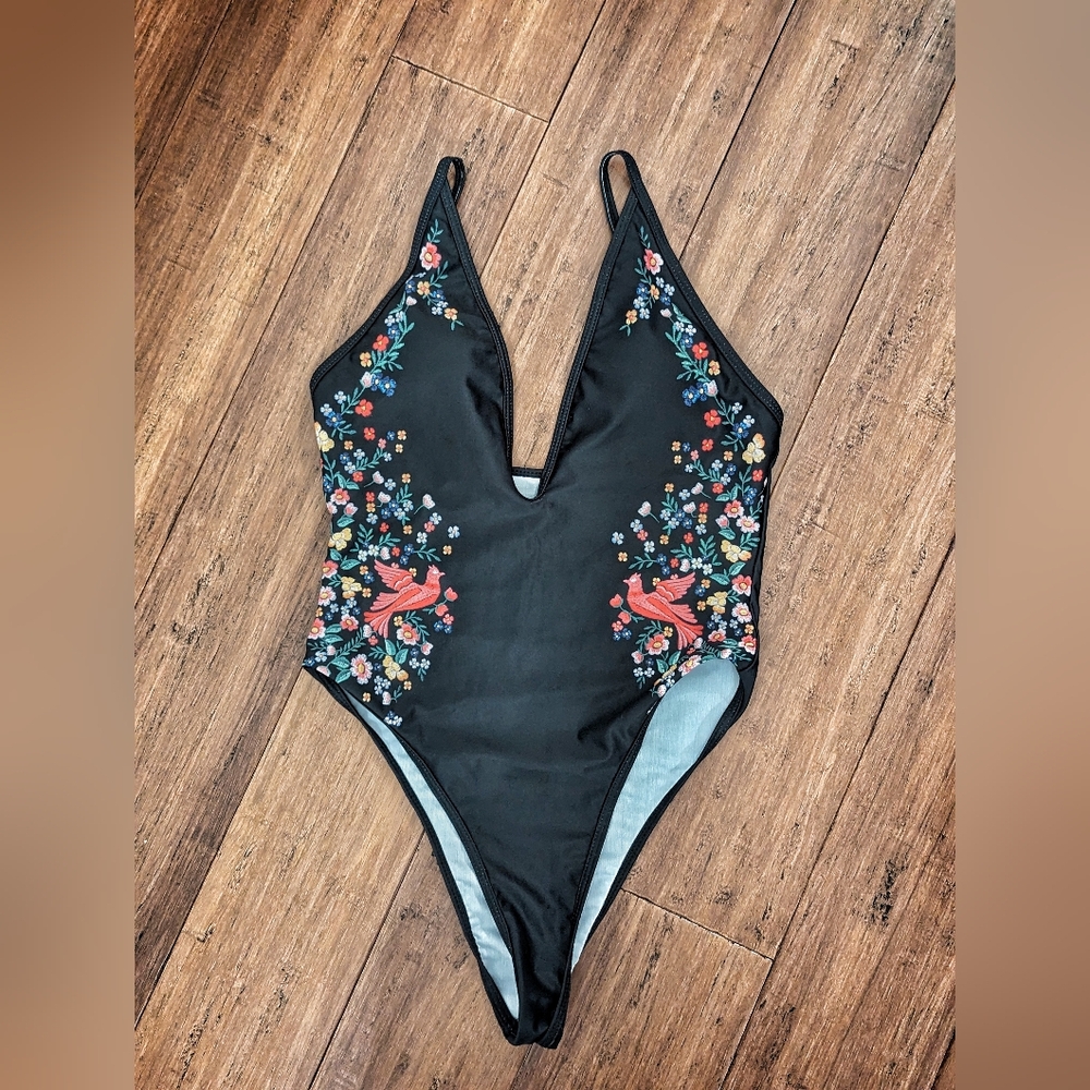 SHEIN Faux-Embroidered Black One-Piece Swimsuit
